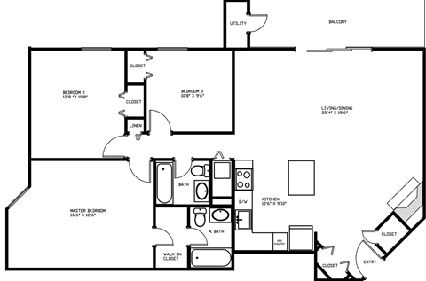 3 Bedroom Floor Plan at Fieldpointe Apartments in Frederick, MD